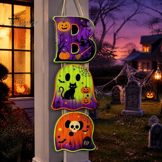 Layered Hanging Seasonal Ornament Halloween Wooden BOO Sign, Creative Letter Pendants, Vintage Ghost Pumpkin Black Cat Cute Theme Wall Decor
