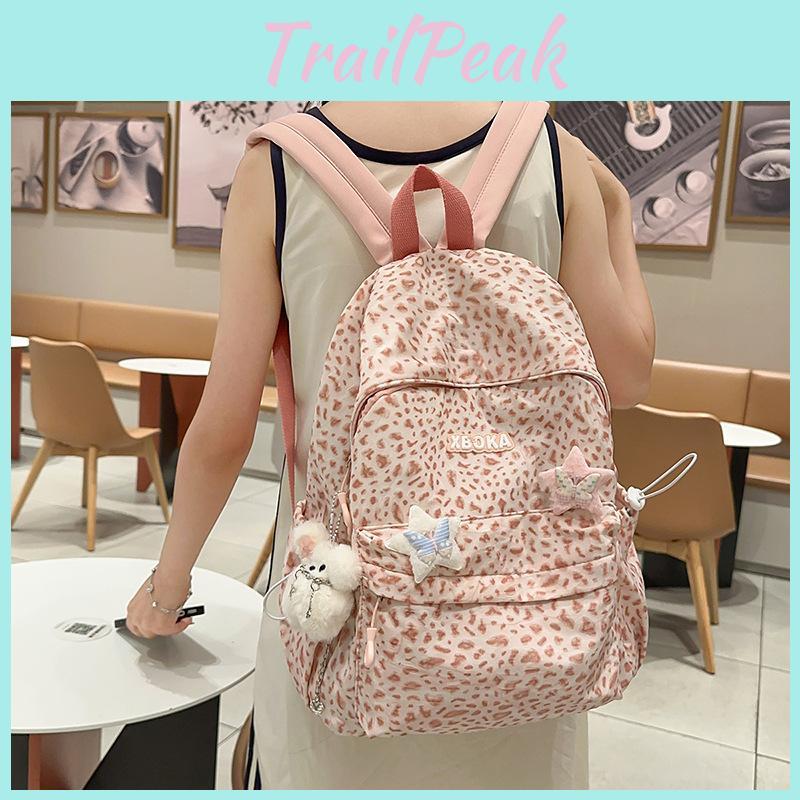 Fashion Pattern Leopard Student Backpack With Plush Pendant For Daily Use