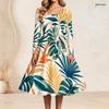 Women Plus Size Square Neck Long Sleeve Blue Green Leaf Printed Tie Waist A Line Flared Dress
