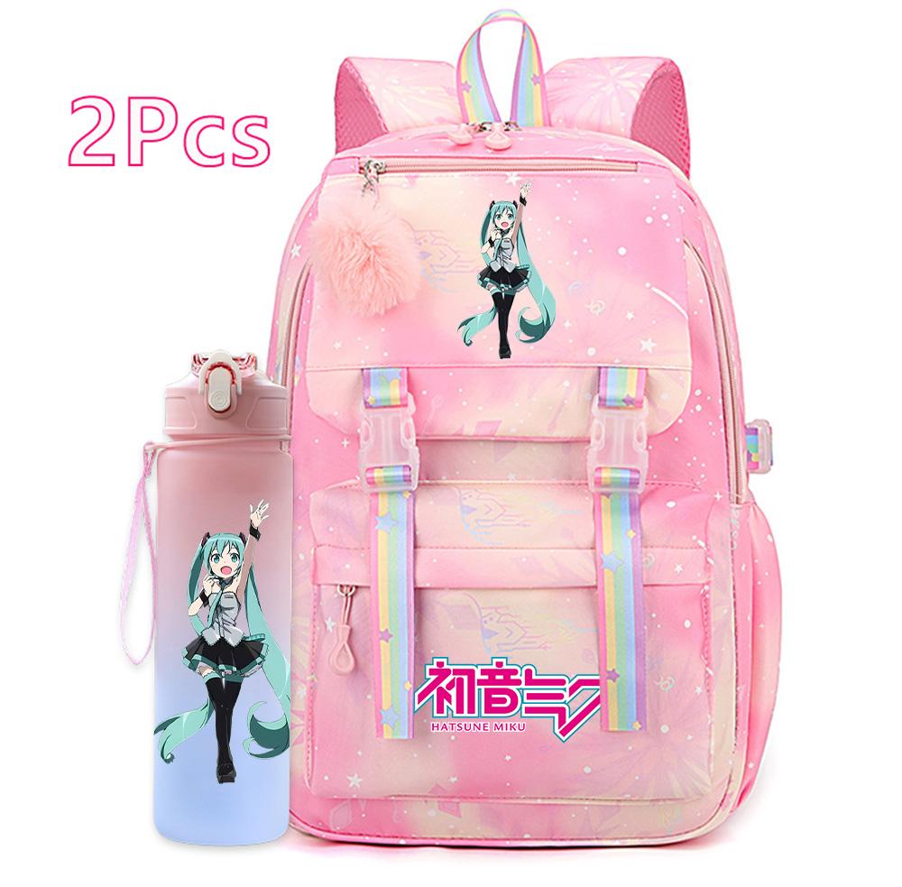 2 st/set Söt Hatsune Miku-tryckt Ryggsäck med 750 ml Vattenflaska för Tonårsflicka Pojke Skolväska Stor Kapacitet Vattentät Resväska Gåva
