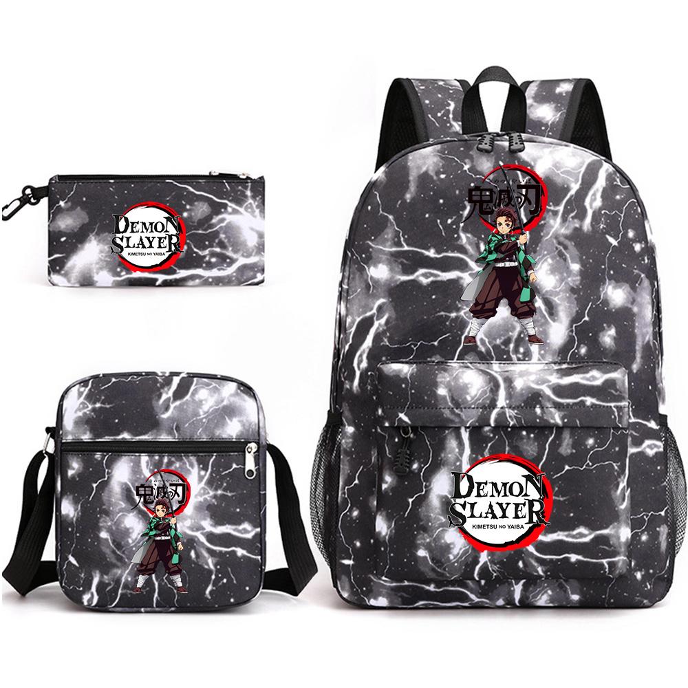 3 Stück/Set Anime Cartoon Demon Slayer Aufdruck Große Kapazität Buchtasche Rucksack mit Umhängetasche Federmäppchen für Schüler Junge Mädchen Schultasche
