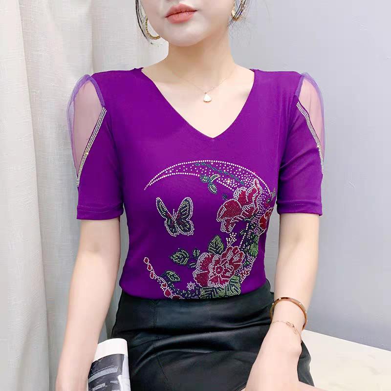 New European V-Neck Women Bling Flower Butterfly T-Shirt Streetwear Hot Diamonds Tees Summer Short Sleeve Slim Tops