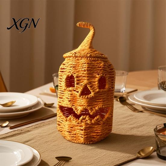 Handmade Fall Decor Handwoven Halloween Pumpkin Basket, Spooky Candy Storage Basket with Lid, Vintage Wicker LED Lantern for Light Up Candle