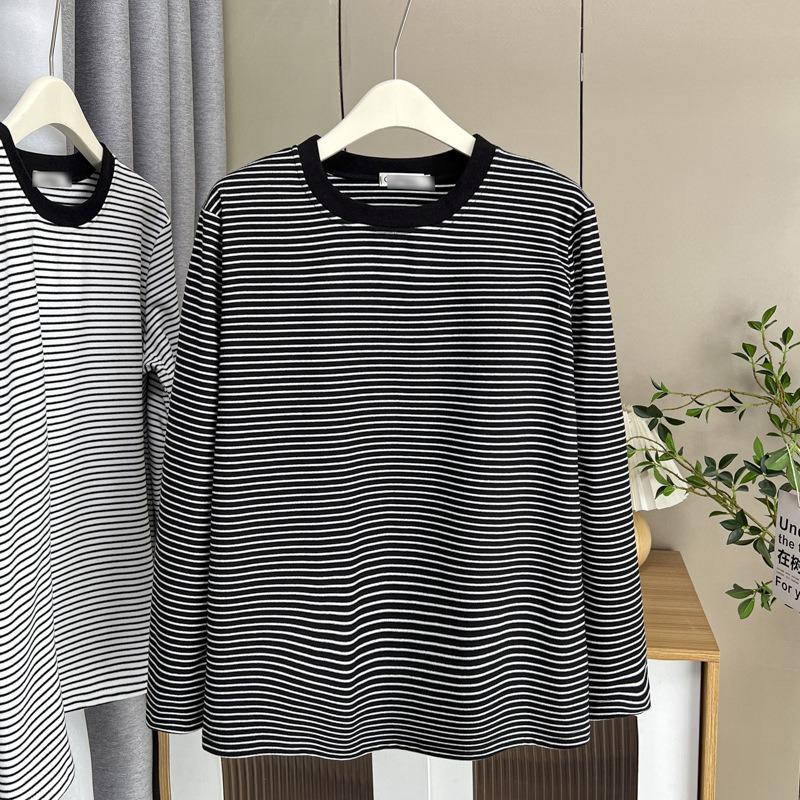 Plus Size Women Vintage Striped Thick Thermal Long Sleeve Base Warm T Shirt