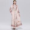 Women's Vintage Floral Print Long Maxi Dress Spring Stand Collar Long-Sleeve Single-breasted Fitted A-Line Dress