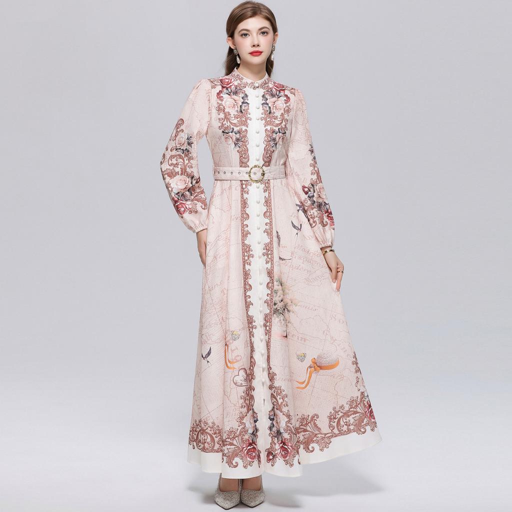 Women's Vintage Floral Print Long Maxi Dress Spring Stand Collar Long-Sleeve Single-breasted Fitted A-Line Dress