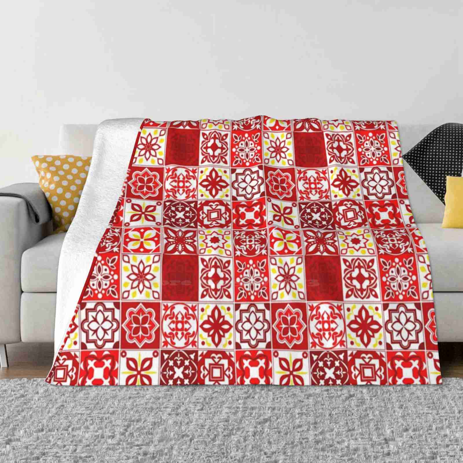 Red Portuguese Tile Latest Super Soft Warm Light Thin Blanket Azulejo Portuguese Tile Spanish Tile Seamless Pattern Red 30x40in