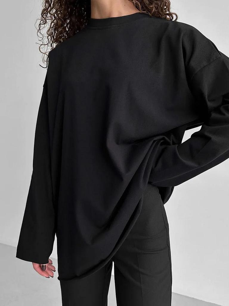 Frühling 2024 Damen reines Baumwoll-T-Shirt mit lockerem Schnitt und langen Ärmeln - GUIYAKECOOL