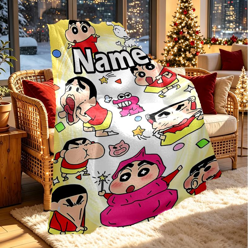Custom Name Personalized Crayon Shin Print Blanket, Home Decor, Bedroom, Sofa, Camping, Couch, Gifts for Birthday ChristmasEnthusiasts