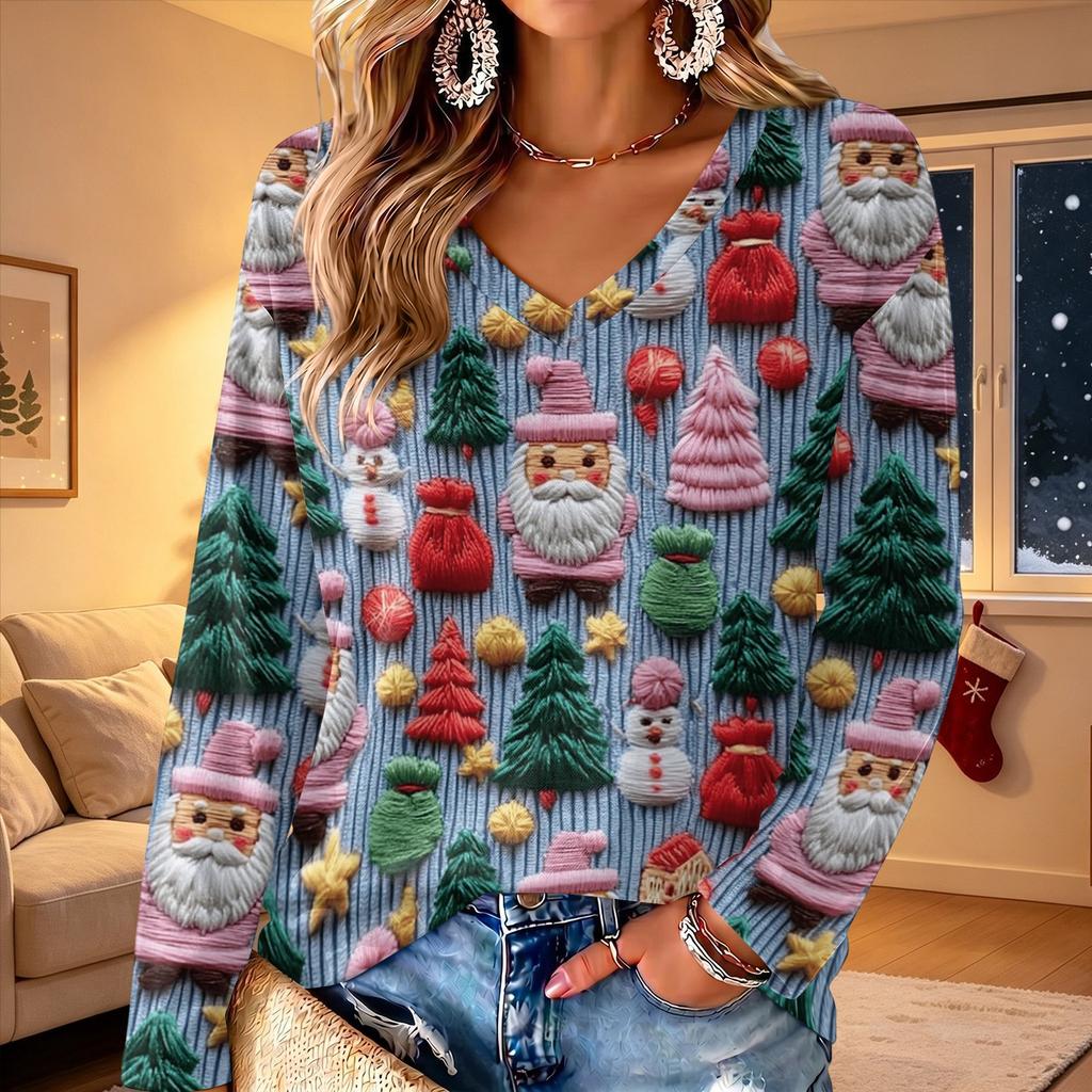 Women's V-Neck Long Sleeve Christmas Print Lightweight Blouse for Spring Summer
