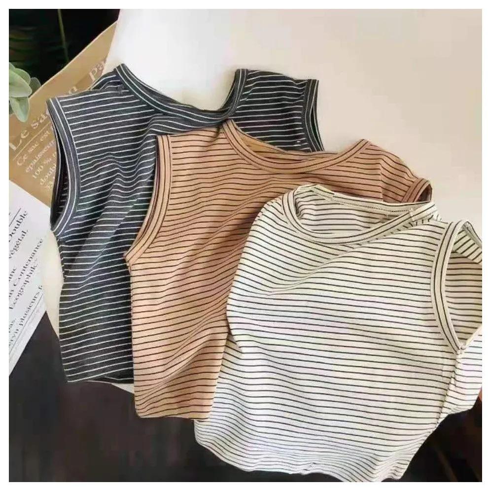 Kids Cotton Sleeveless Vest Striped T Shirt Unisex Loose Fit Korean Trendy Top
