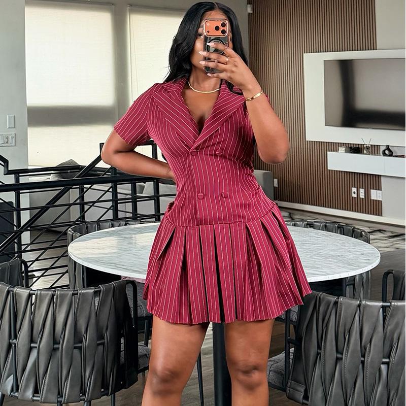 European and American Women's Clothing Autumn New Fashionable and Elegant Lapel Striped Slim Button Pleated Dress Dress