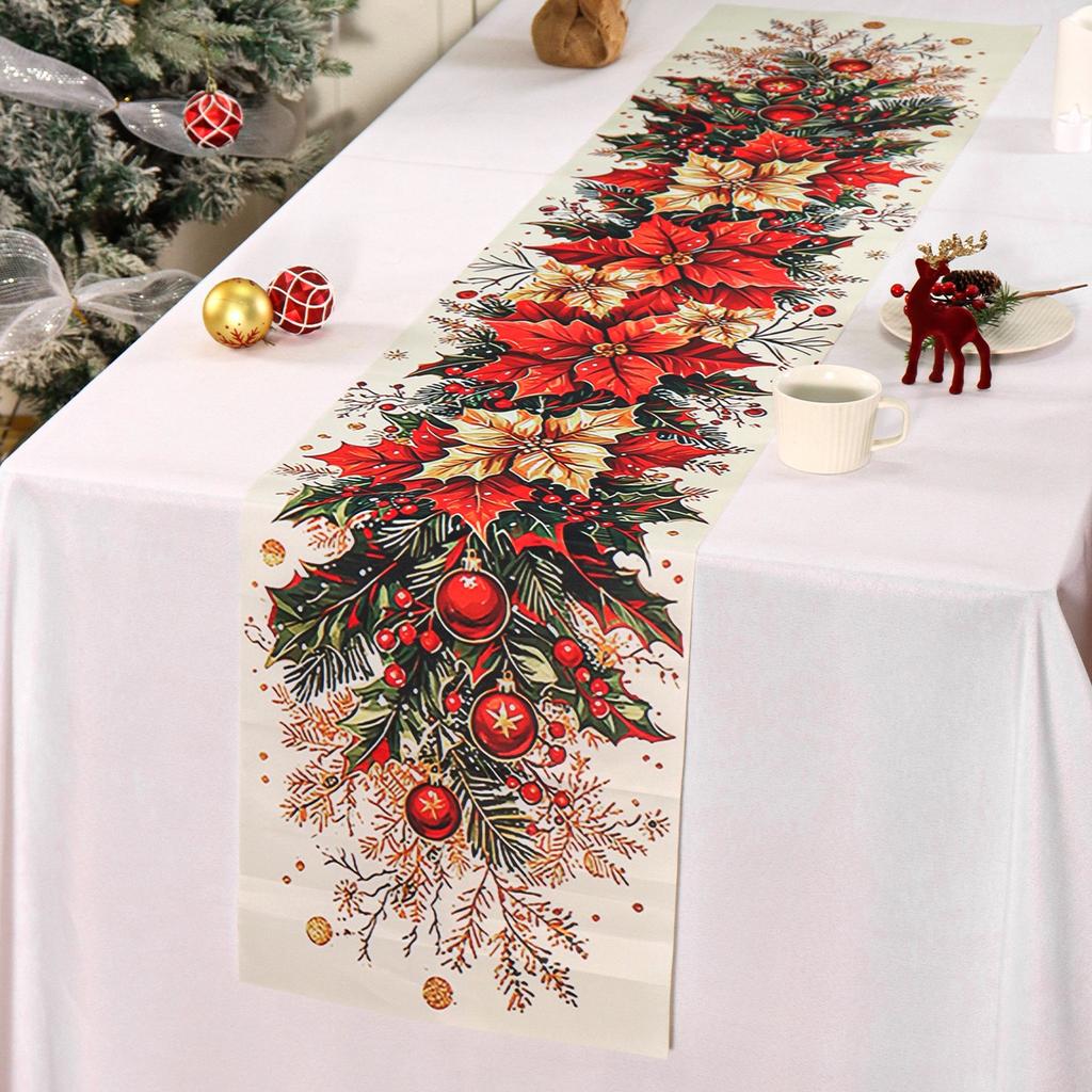 1pc Christmas Table Runner Retro Poinsettia Polyester Table Cover Christmas Decorations for Home 2026 New Year Party Supplies