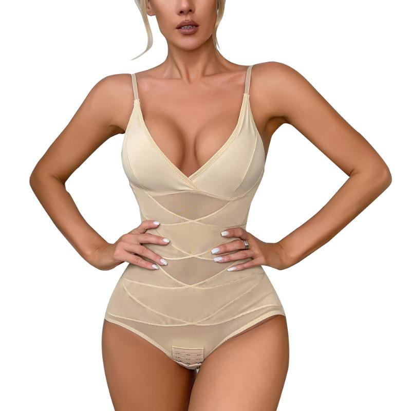 Formgebender Jumpsuit mit V-Ausschnitt, Leichte Formung Bauchkontrolle, Po-Anhebung, Körperformendes Korsett, Push-up Bustkorsett, Mesh