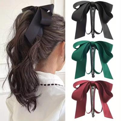 Elegant Hair Claw Bowknot Design Satin Bow Ribbon Banana Gripper Solid Color Ponytail Clip Women Headwear Hair Accessories