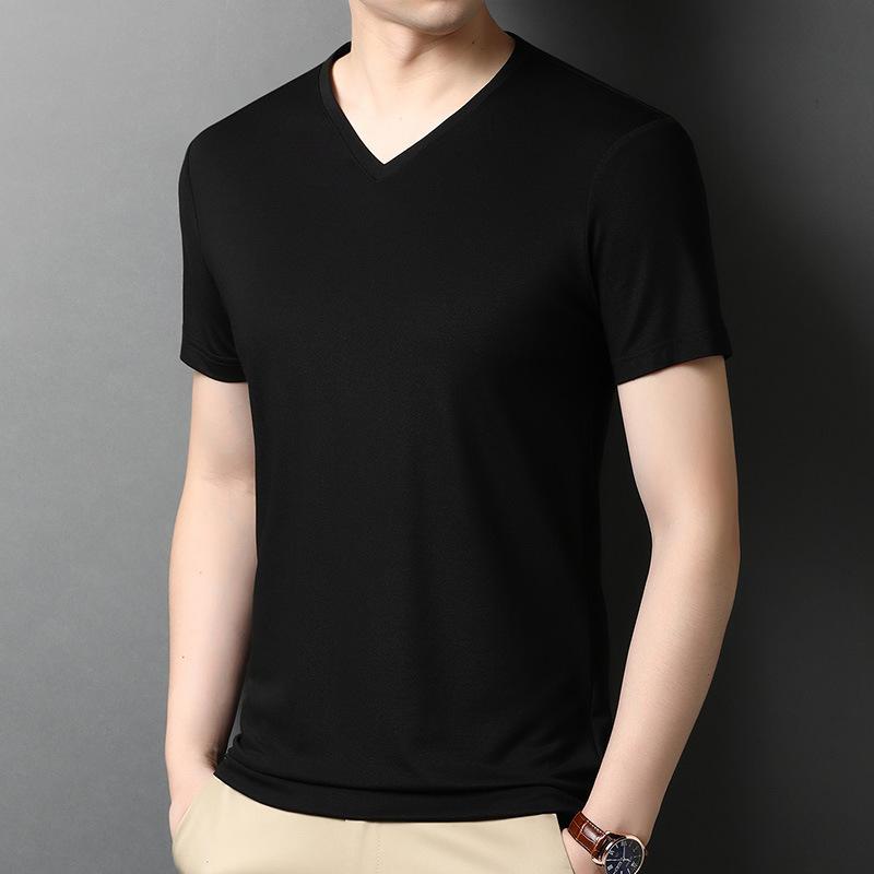 

Футболка с короткими рукавами, мужская однотонная летняя футболка с v-образным вырезом, новый тонкий дышащий облегающий универсальный топ из ледяного шелка