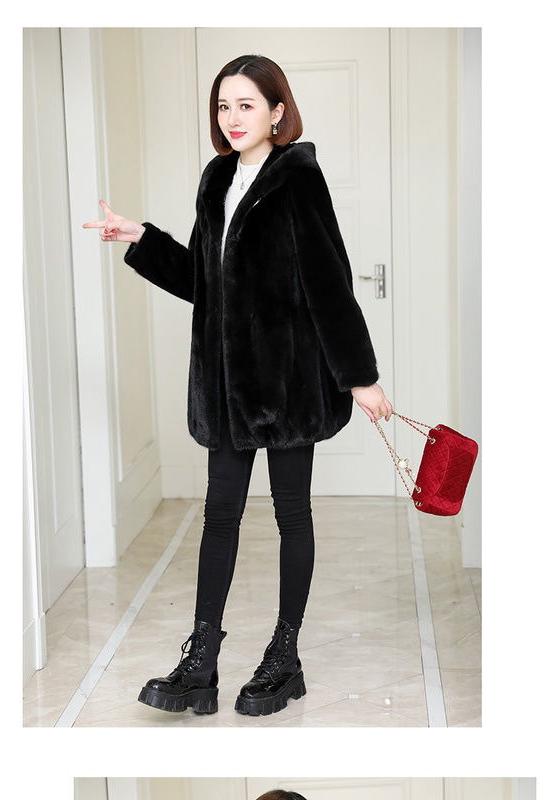 2026 Women's Mid-Length Hooded Faux Mink Fur Coat