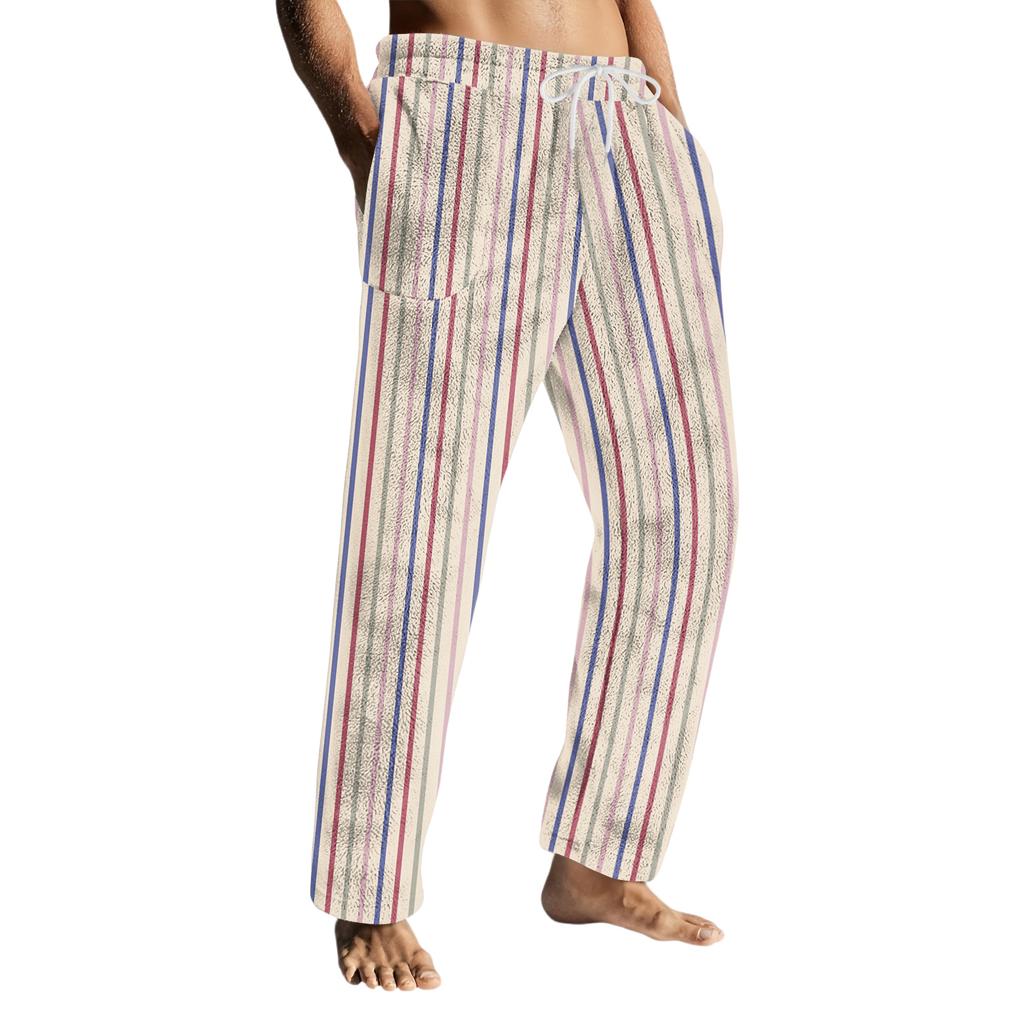 Pánské flanelové kalhoty s kapsami na stahovací šňůrku Domácí oblečení Spací kalhoty