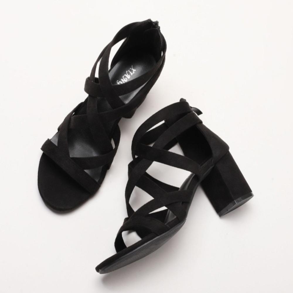 Sandály Dámská Móda 2025 Nové Všestranné Hrubé Podpatky Římský Styl Vysoké Podpatky Dámské Sandály Zadní Zip Léto Dámská Obuv