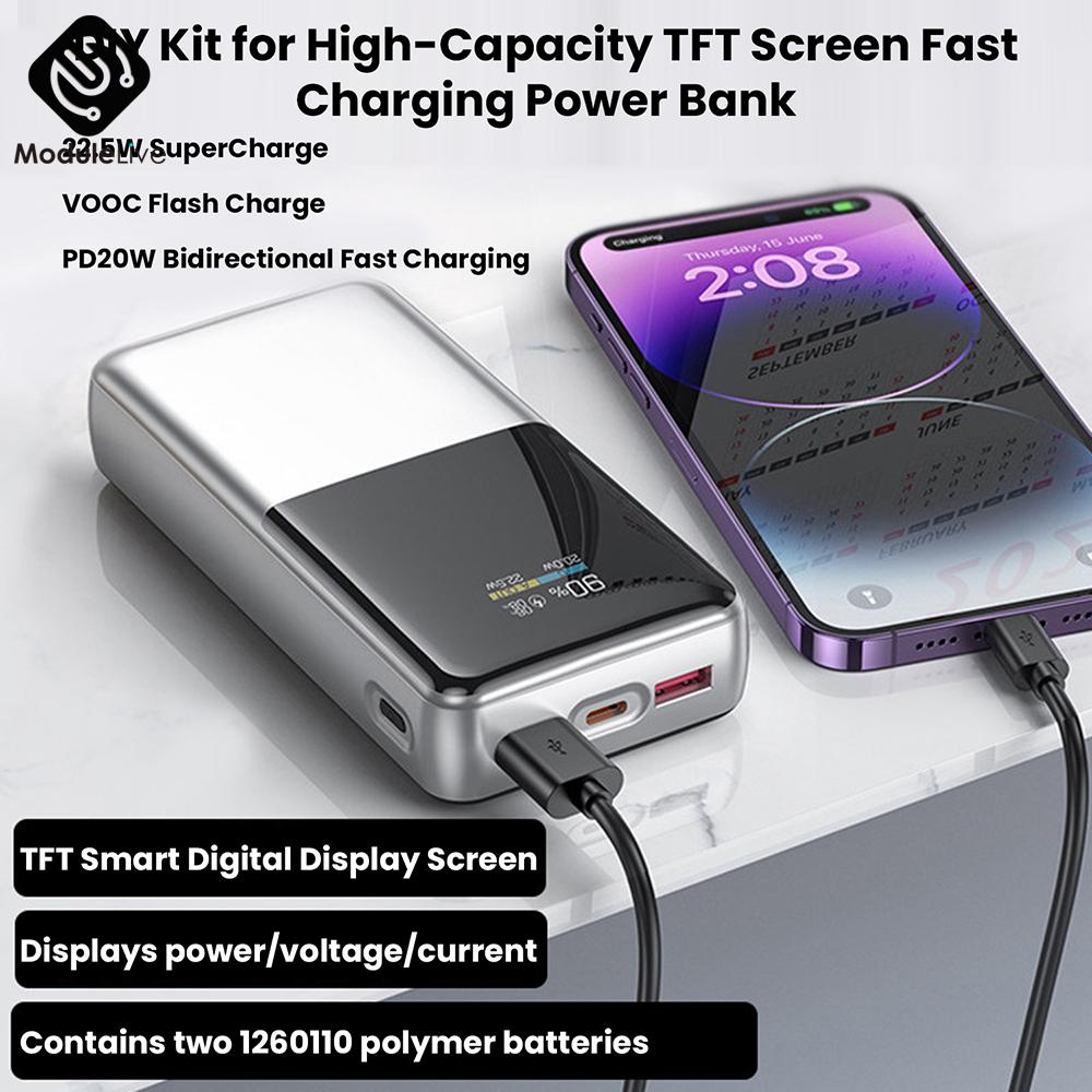 Portable Power Bank DIY Kit 22.5W Bidirectional Fast Charging Power Bank Mainboard TFT Color Display Battery Case Battery Shell