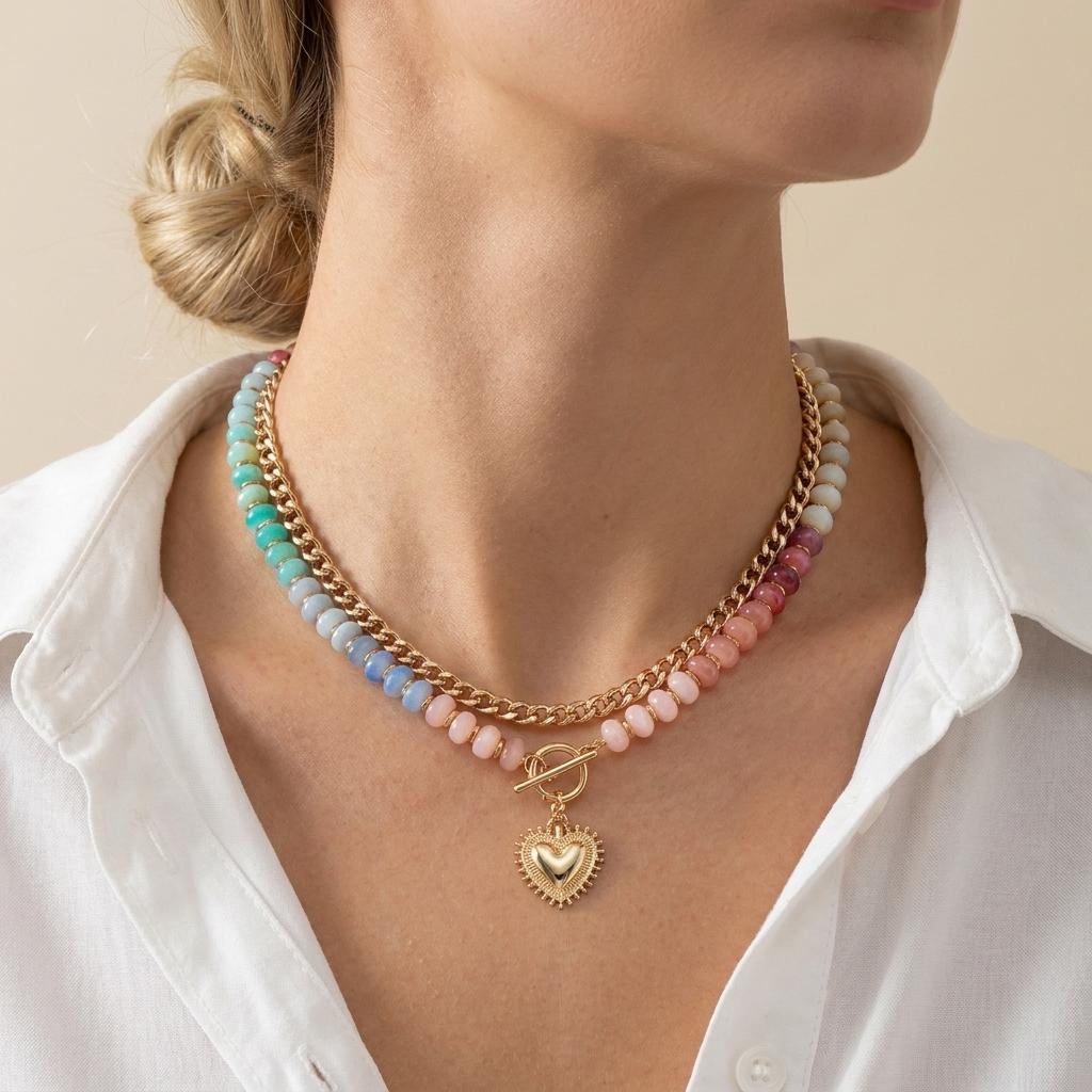 Collares Boho de Resina Colorida con Cuentas de Doble Capa para Mujer Gargantilla con Colgante Vintage de Corazón Cierre OT Colgantes de Verano Joyería Regalos
