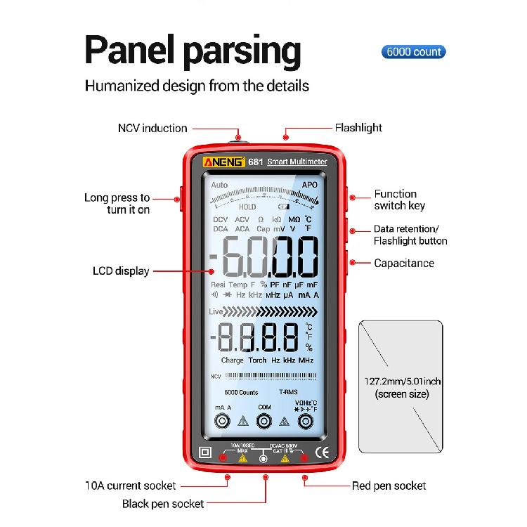 ANENG 681 Rechargable Digital Professional Multimeter Non-contact Voltage Tester AC/DC Voltage Meter LCD Screen Current Tester