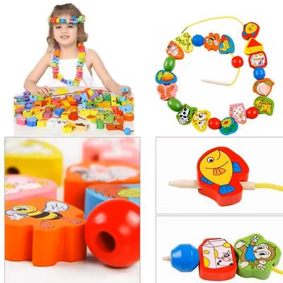Monterssori Baby Diy Wooden Toys Cartoon Fruit Animal Stringing Threading Wooden Beads Educational Toys For Kids Christmas Gift