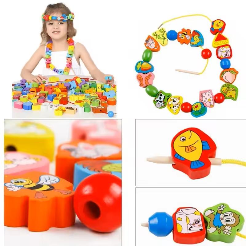 Baby Monterssori Diy Wooden Toys Cartoon Fruit Animal Stringing Threading Wooden Beads Educational Toys For Kids Christmas Gift