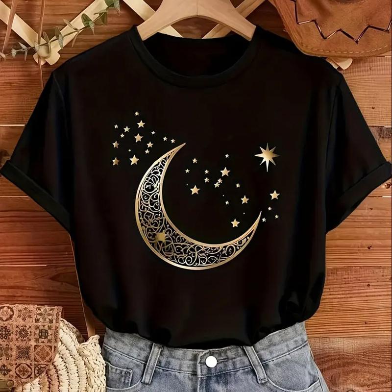 

Women Summer T Shirt Retro Fashion Short Sleeve Tees Casual Moon Printed Tops XS чорний