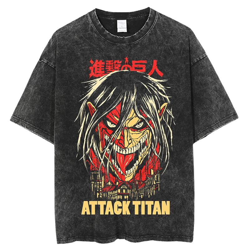 Eren Jager Attack on Titan Summer Streetwear Washed T-Shirt Anime Graphic Print TShirt Men Harajuku Cotton Oversize Vintage Tee