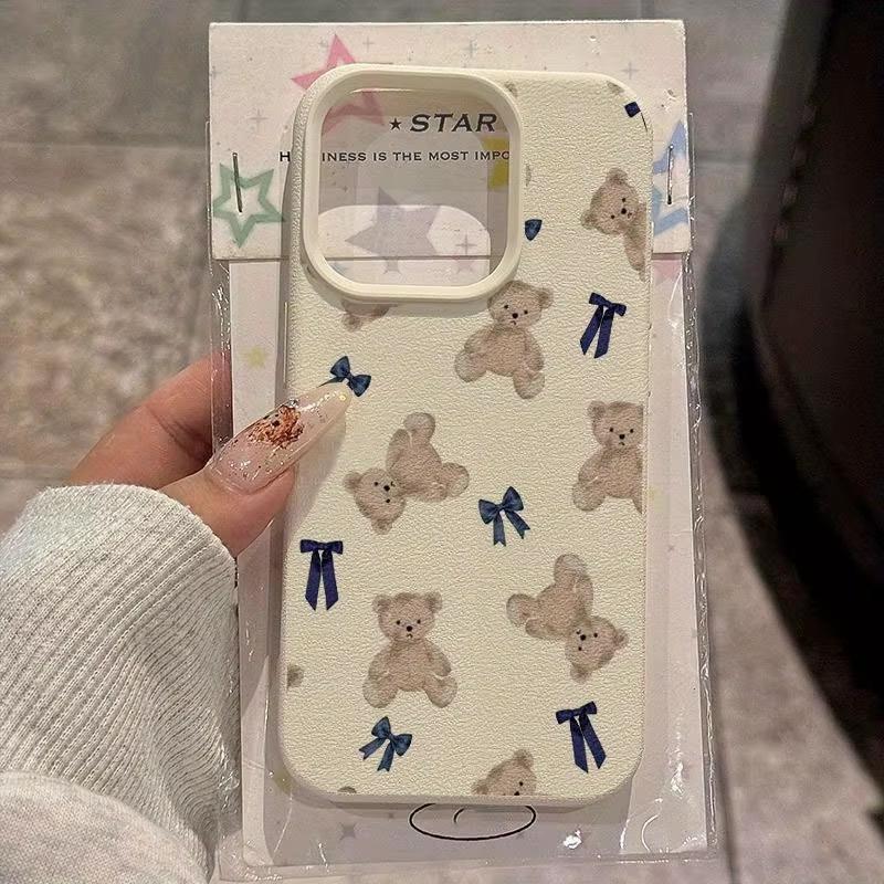 Cute Little Bear Bow Pattern Lychee Phone Case For iPhone 17 Pro Max 11 12 13 14 15 16 Pro 17 Air 15 Plus X XS XR 16E Soft Cover