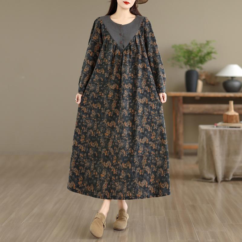 DIMANAF Women Plus Size Autumn Long Sleeve Vintage Dress Floral Loose Casual Oversize Maxi Cotton Linen Dress 2025