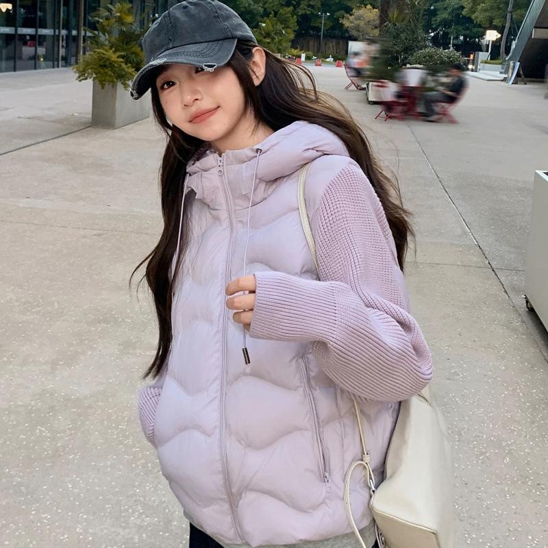 Winter New Cotton-padded Women's Short Short Small Knitted Splicing Cotton-padded Jacket Light and Warm Fake Two-piece Cotton-padded Women