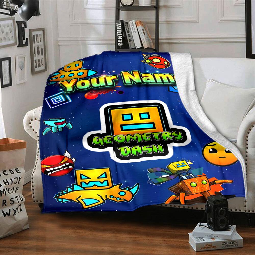 1pc Geometry Dash Blanket with Custom Name, Gift, for Men and Women, Soft Blanket, Good for Sofa Bed Couch Travel, Lightweight Flannel Blanket