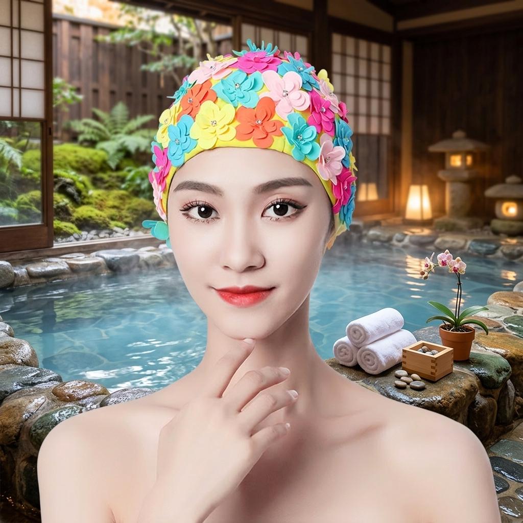 Women Diamond-Pattern Swim Cap Hand-made 3D Sewing for Hot Spring Swimming