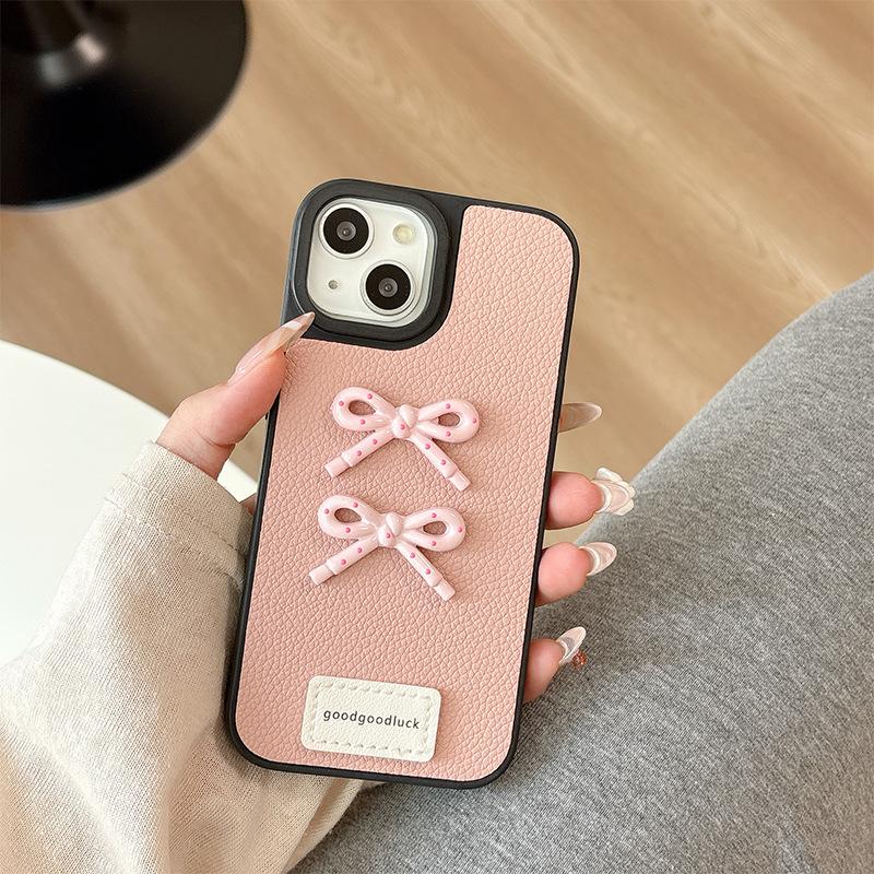 Apple 16 Leather Solid Color Mobile Phone Case Simple Application Iphone15Promax Bow 17 Women'S Internet Celebrity 14