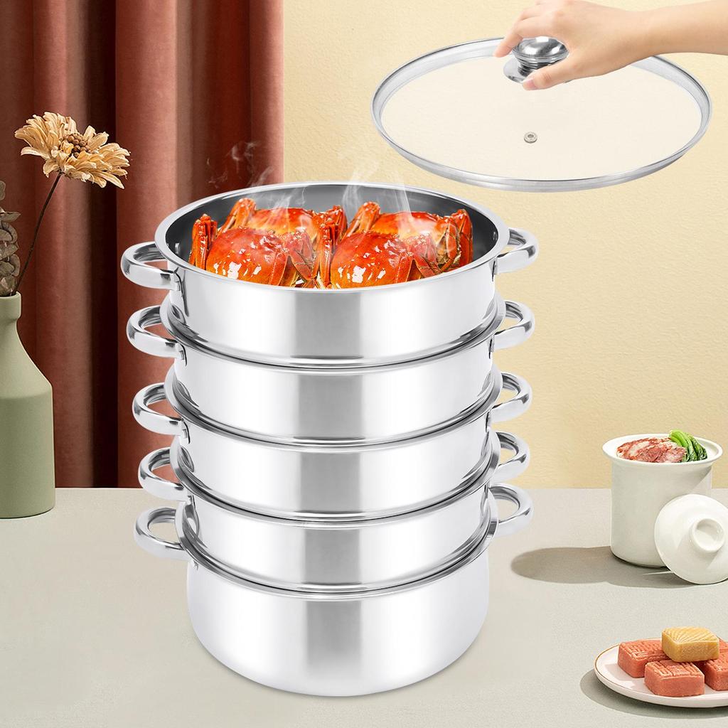Panela de Cozimento a Vapor de Aço Inoxidável de 5 Camadas - Vaporizador de 11 Polegadas para Cozinhar Alimentos - Tampa de Vidro - Adequado para Tamales, Legumes, Bolinhos e Frutos do Mar