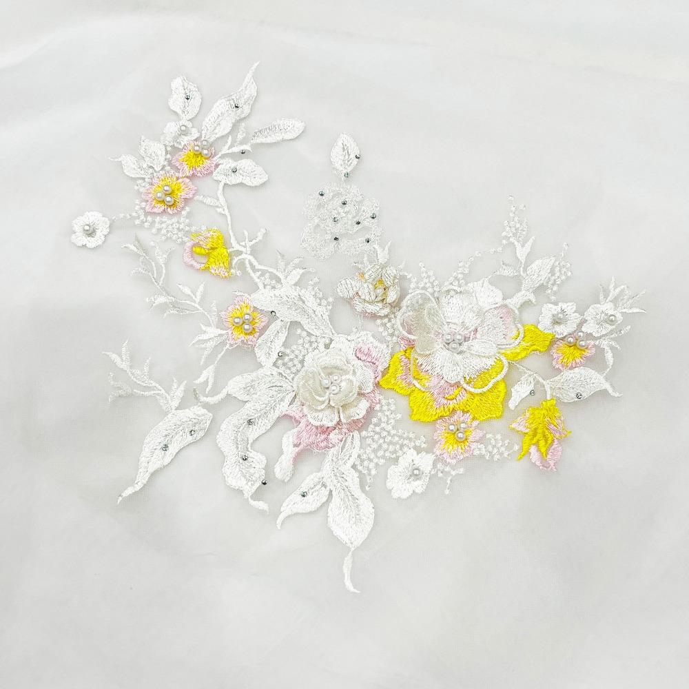 Colorful Sequined Sewing On Patches Flower Lace Beaded Lace Applique  Bridal Dress
