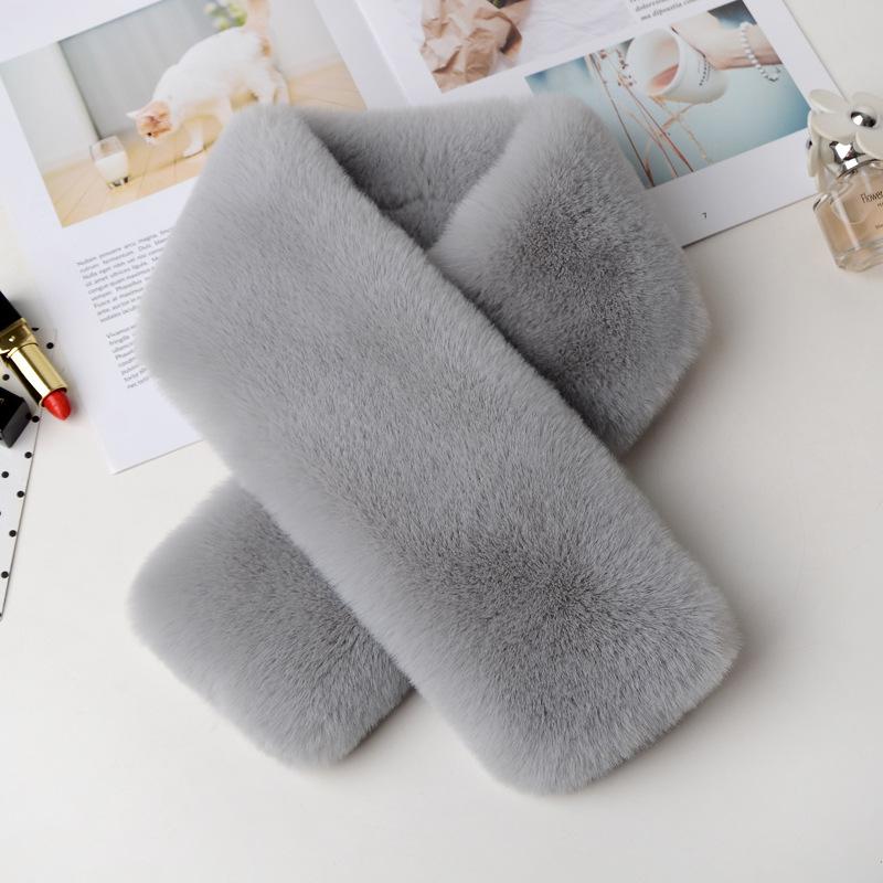 Korean Woman Thick Cross Neck Protection Faux Rex Rabbit  Fur Plush Scarf Winter Outdoor Knit Collar Double Sided Warm Shawl T61