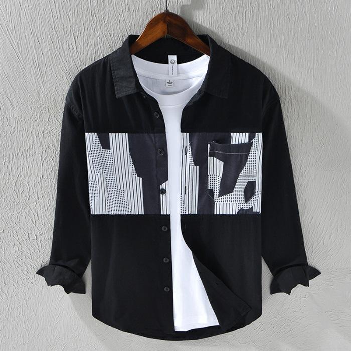 

Spring Long-sleeved Shirt Casual Loose Color-blocking Handsome Japanese Versatile Men s Shirt 3XL чёрный