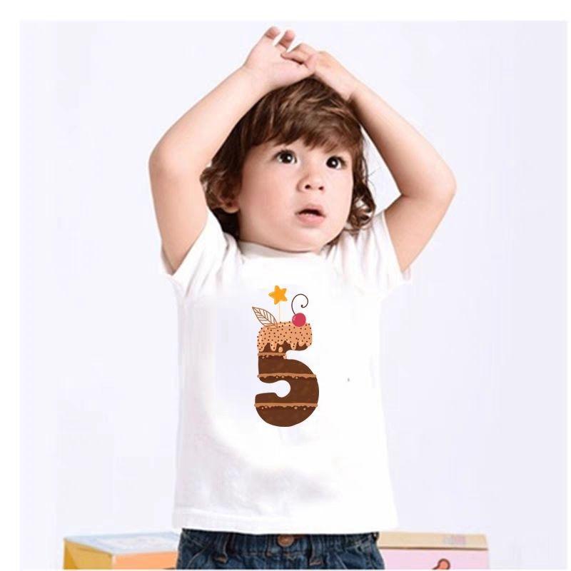 Summer Birthday Number for Boys and Girls Casual Cartoon First Birthday Shortsleeved Tshirt White Roundneck Top Kids Clothes