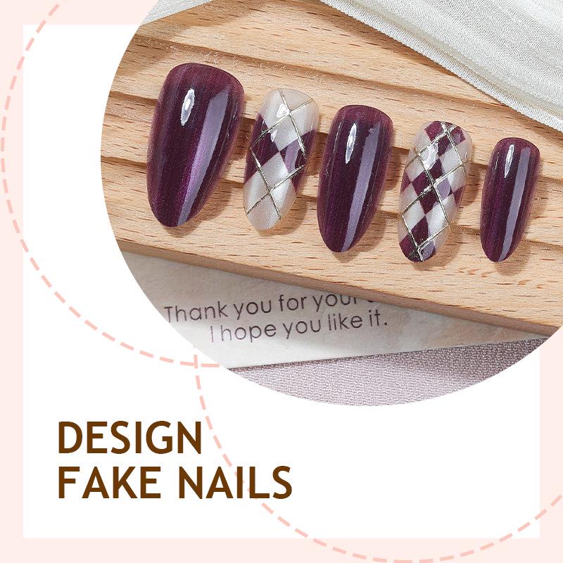 Purple Geometric Almond-Shaped Wearable Nails – 30 Detachable Pieces