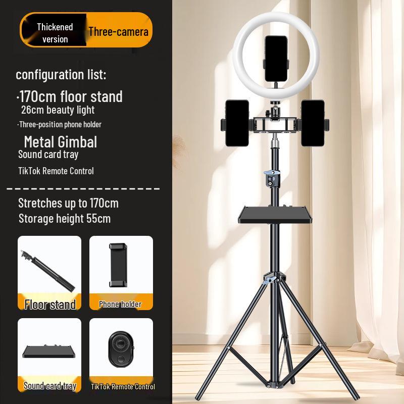 Dual-Position Carbon Steel Phone Stand with Fill Light for Outdoor Streaming