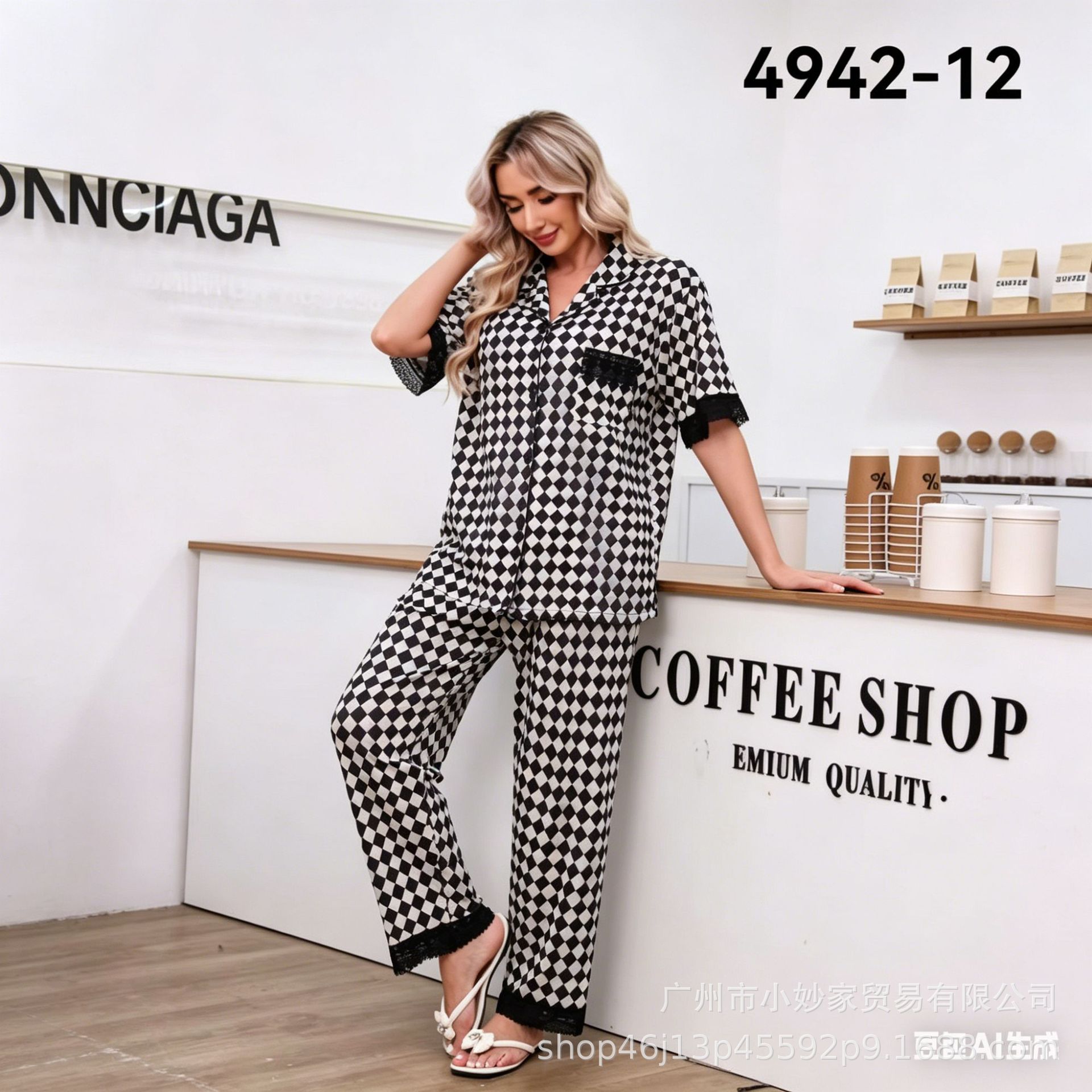 

Pajamas French print threaded lapel short long casual sweet loungewear One size fits all