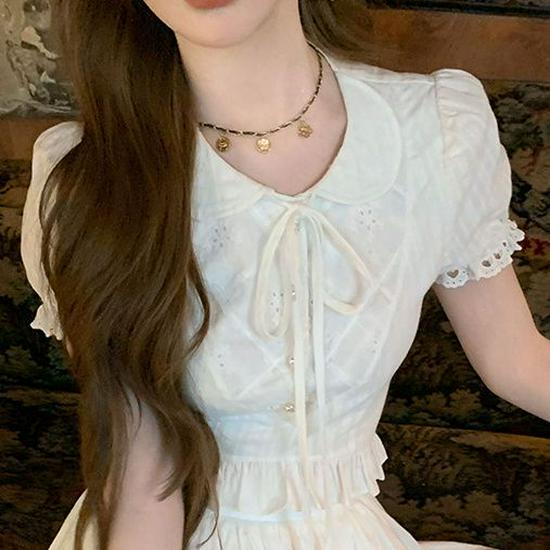 2026 Summer French Slim-fit Peter Pan Collar White Shirt and Embroidered Heart Skirt Set for Women