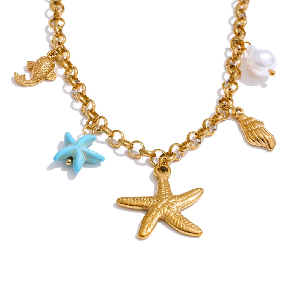 Yhpup Ocean Style Starfish Shell Pendant Handmade Necklace Bracelet Summer Vacation Stainless Steel Jewelry Waterproof