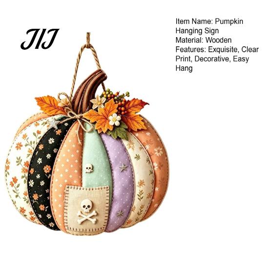 Seasonal Indoor Outdoor Sign Patchwork Pumpkin Wooden Door Hanger, Fall Harvest Halloween Decorative Maple Leaf Wreath with Leaves Berries, Farmhouse