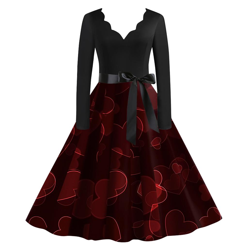 Women's Fashion Valentine's Day Casual Slim Fit Printed Big Hem Long Sleeve Dress