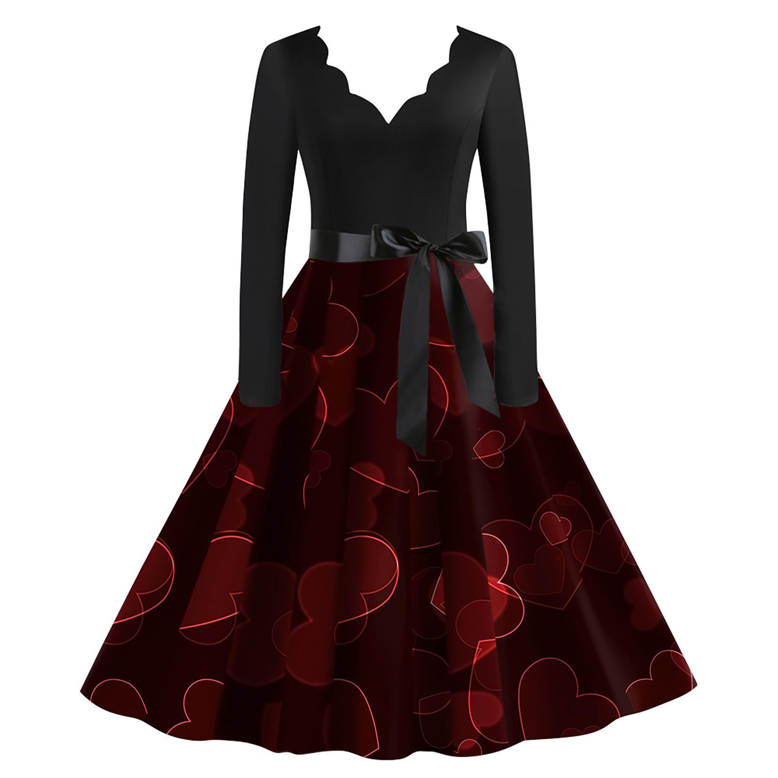 Women s Fashion Valentine s Day Casual Slim Fit Printed Big Hem Long Sleeve Dress L