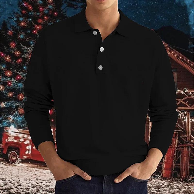Men's Pullover V-Neck Button Polo Shirt Casual Solid Color Patchwork Long-Sleeve Top